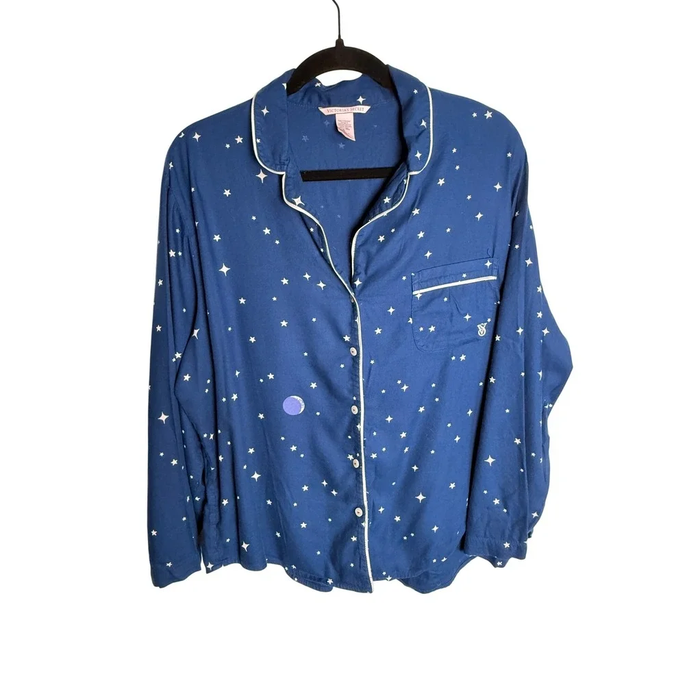 Victoria's Secret Celestial Pajama Top Stars Moon Button Front Sleep Shirt L‎